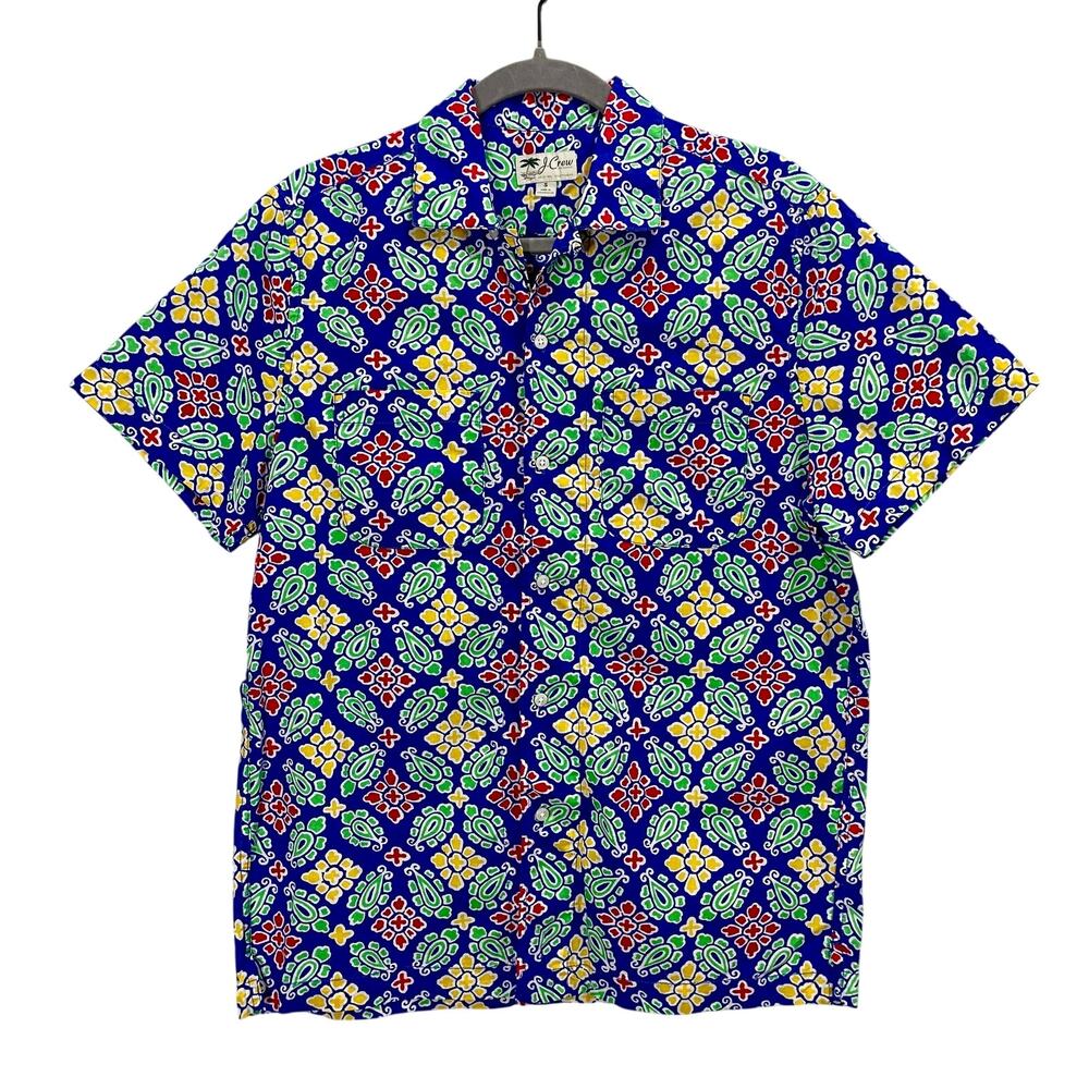 J.Crew Men's Button-Up Short Sleeve Shirt Bold Geometric Print Camp Collar Small